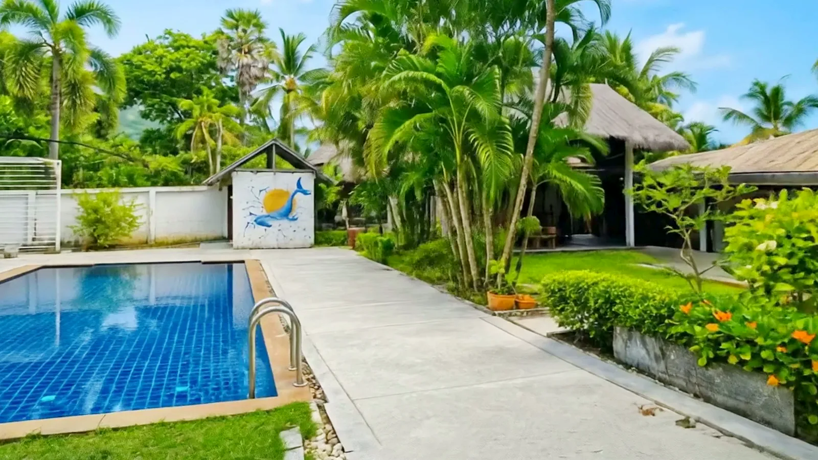 The painted whale and sun mural on the pool wall