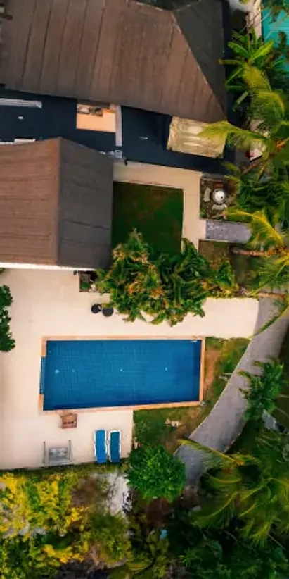 The garden from above, roofs and the pool